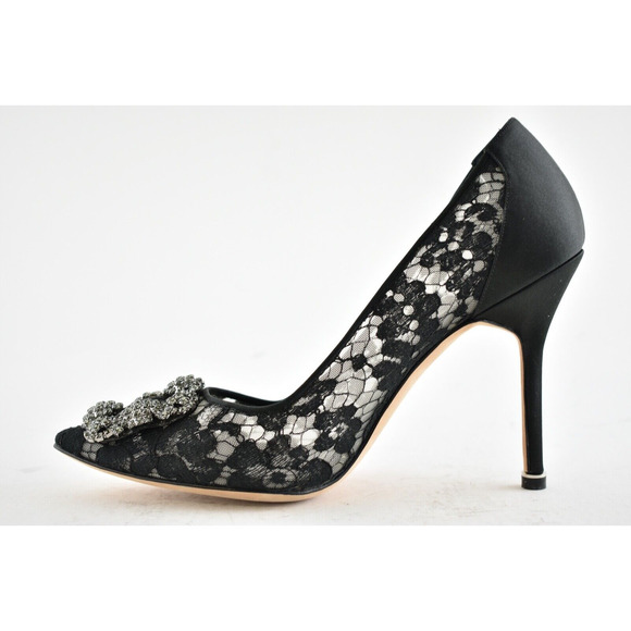 Manolo Blahnik Hangisila Hangisi 105 Black Lace Crystal Buckle Heel Pump 39.5 - Picture 9 of 12